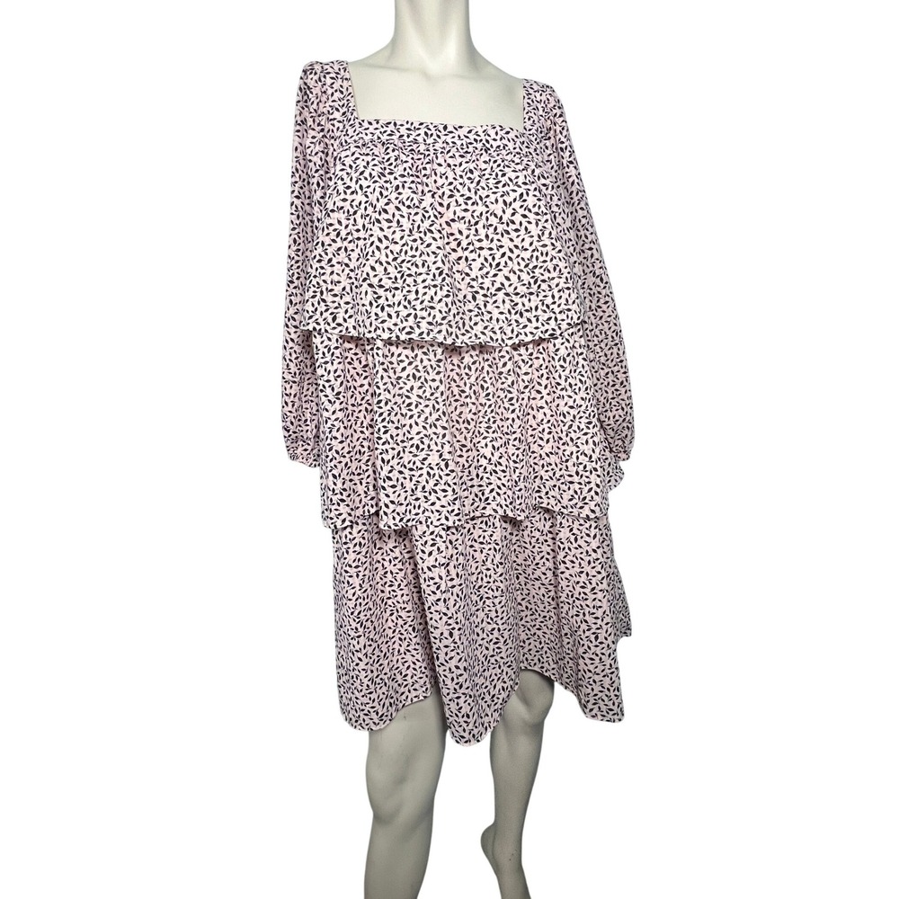 Who What Wear Frame Tiered Mini Dress Womens M Pink Leaf Boho Flowy Babydoll - Picture 2 of 10